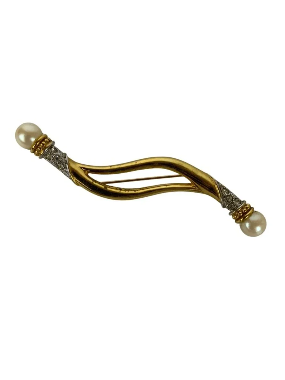 Vintage Avon Faux Pearl Rhinestone Gold Tone Bar Brooch Pin